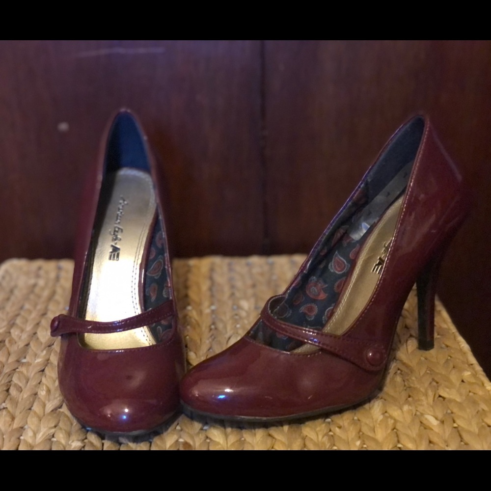 American Eagle burgundy red patent leather shoes.
